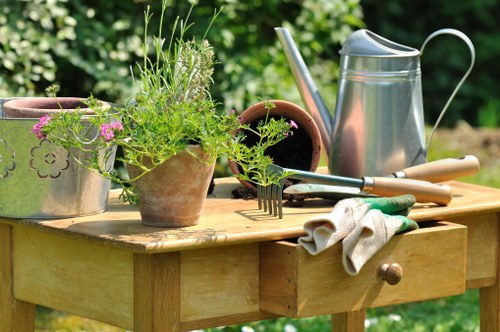 A close-up view of a wooden garden table situated outdoors in a lush, green garden. The table holds various gardening tools and accessories, including a metallic watering can, a small garden fork, a pair of gardening gloves, and several terracotta and ceramic pots containing a mix of leafy green plants and flowering flora. The pots vary in size and style, some decorated with painted flower designs. Behind the table, there is a backdrop of dense foliage, contributing to the vibrant, natural setting typical of a well-maintained garden space in Osterley. The scene suggests ongoing gardening activities, with natural sunlight illuminating the plants and tools, enhancing the rich textures of the wooden table and metallic surfaces, ideal for a gardening service website showcasing outdoor maintenance and lawn care services in the local area.